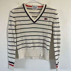 Vintage Lacoste Navy Blue Cream Stripe Sweater V Neck Top Size 34 Small Red 🐊